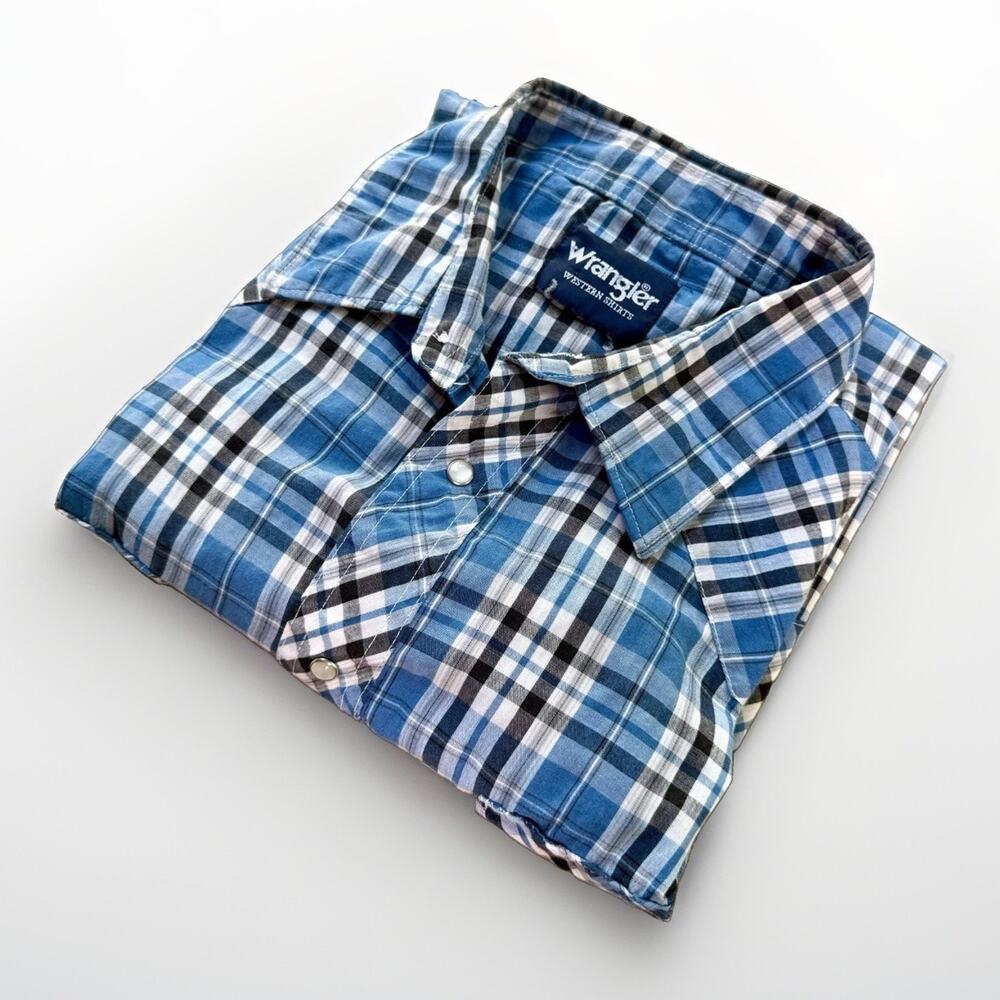 Wrangler Western Shirt 2XL Blue Plaid Pearl Snap Rodeo Cowboy Concert